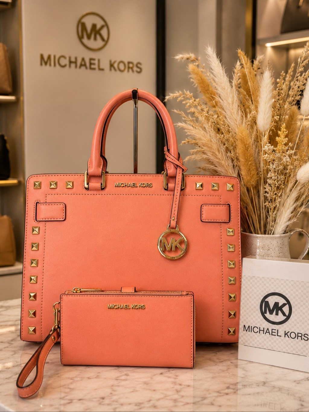 Michael Kors Coral Pink Bag Wallet Crossbody Set Rayne Studded Saffiano Leather